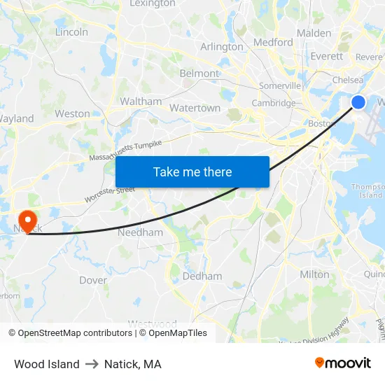 Wood Island to Natick, MA map