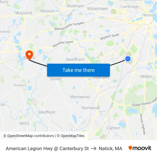 American Legion Hwy @ Canterbury St to Natick, MA map