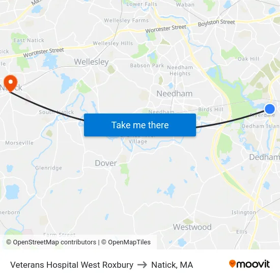 Veterans Hospital West Roxbury to Natick, MA map