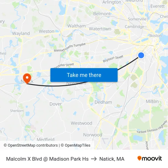 Malcolm X Blvd @ Madison Park Hs to Natick, MA map