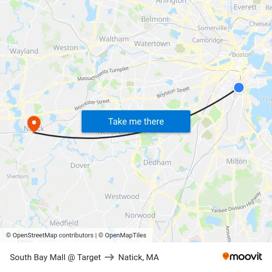 South Bay Mall @ Target to Natick, MA map