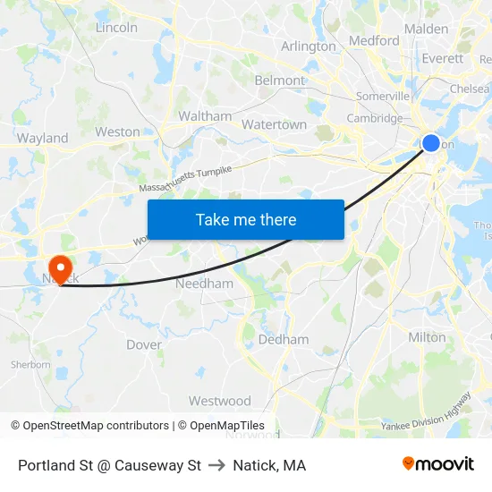 Portland St @ Causeway St to Natick, MA map