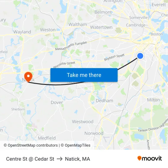 Centre St @ Cedar St to Natick, MA map