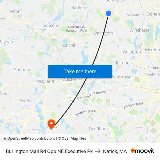 Burlington Mall Rd Opp NE Executive Pk to Natick, MA map