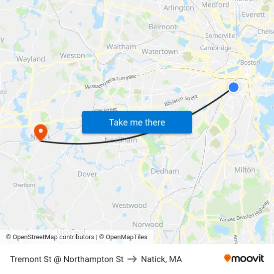 Tremont St @ Northampton St to Natick, MA map