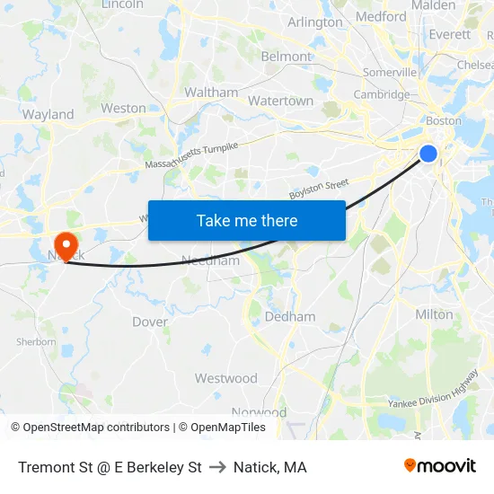 Tremont St @ E Berkeley St to Natick, MA map