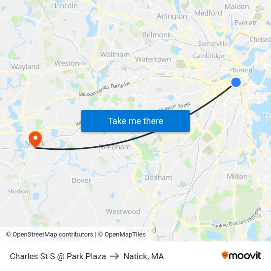 Charles St S @ Park Plaza to Natick, MA map