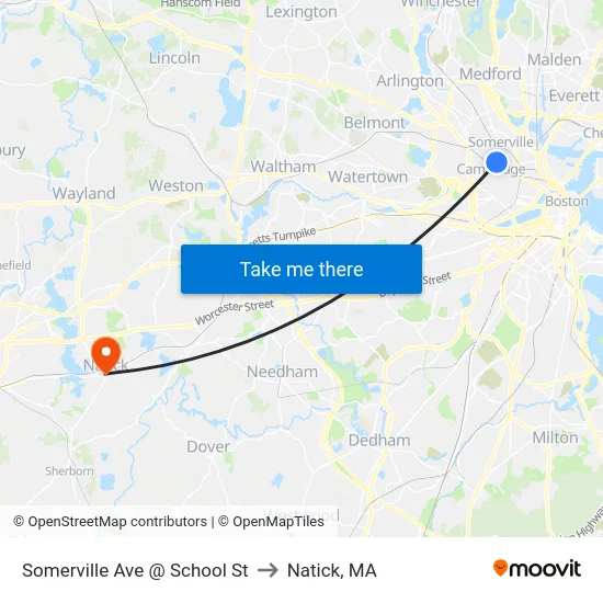 Somerville Ave @ School St to Natick, MA map