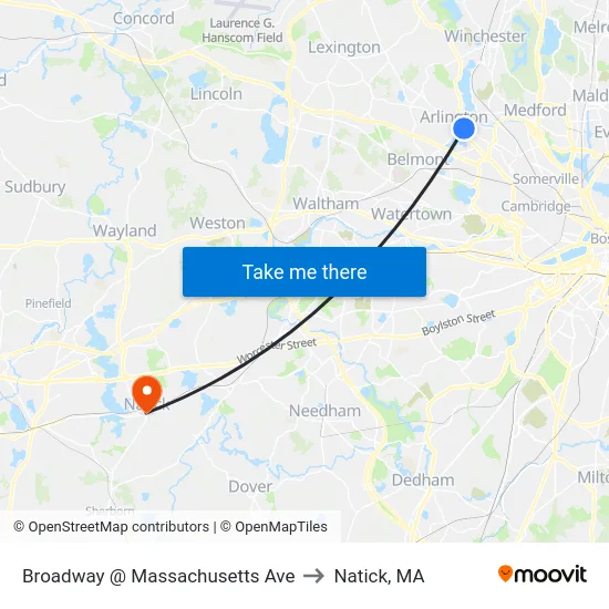 Broadway @ Massachusetts Ave to Natick, MA map