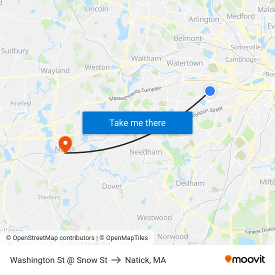 Washington St @ Snow St to Natick, MA map