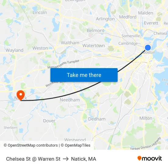 Chelsea St @ Warren St to Natick, MA map