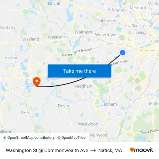 Washington St @ Commonwealth Ave to Natick, MA map