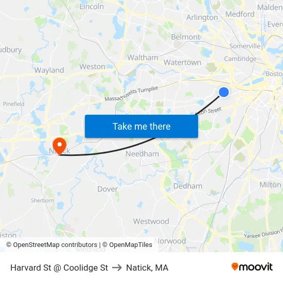 Harvard St @ Coolidge St to Natick, MA map