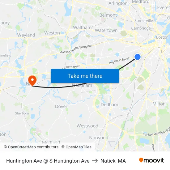 Huntington Ave @ S Huntington Ave to Natick, MA map