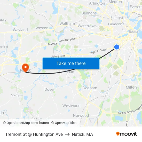 Tremont St @ Huntington Ave to Natick, MA map