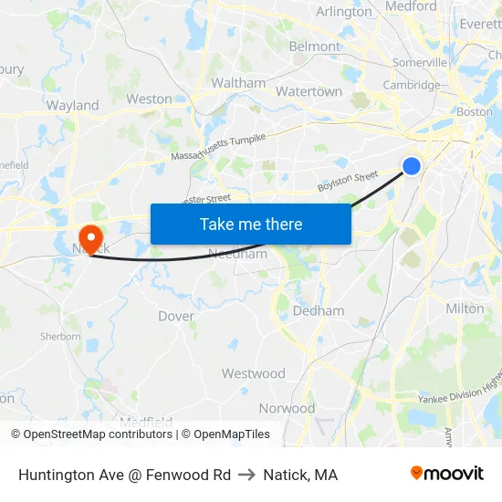 Huntington Ave @ Fenwood Rd to Natick, MA map