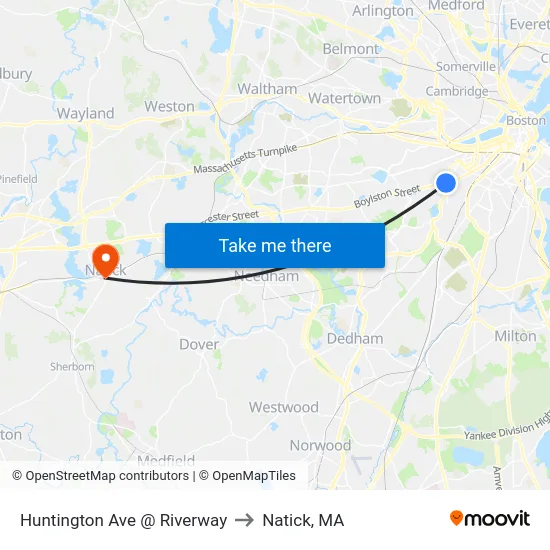 Huntington Ave @ Riverway to Natick, MA map