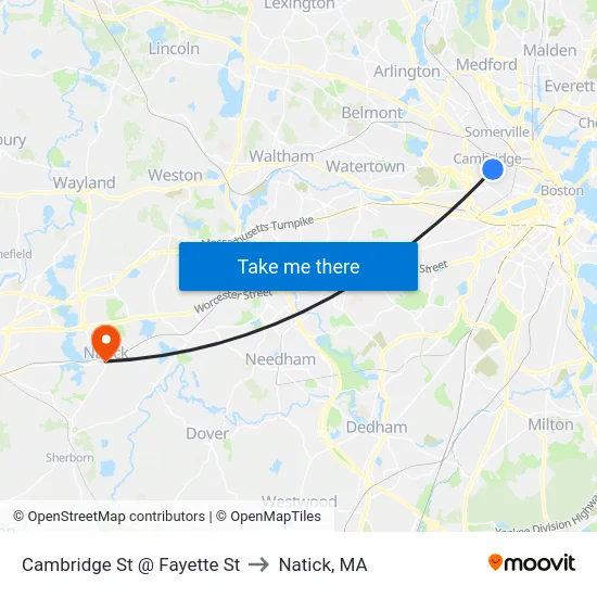 Cambridge St @ Fayette St to Natick, MA map