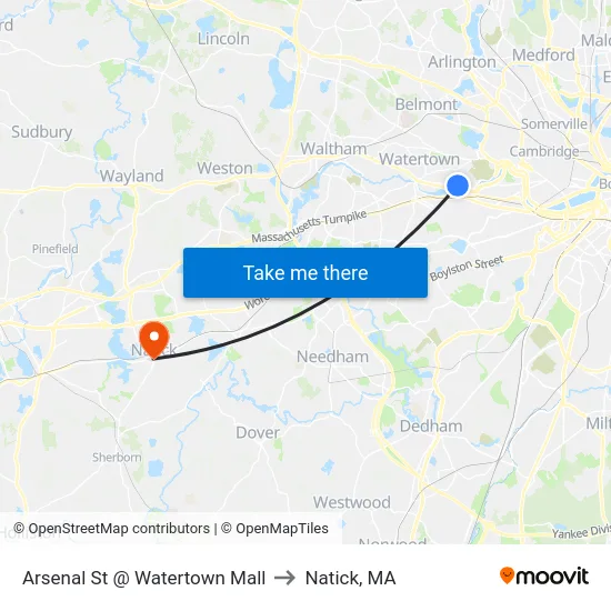 Arsenal St @ Watertown Mall to Natick, MA map