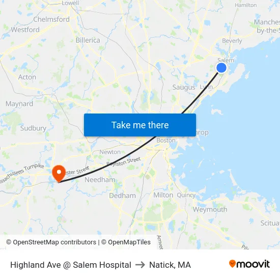 Highland Ave @ Salem Hospital to Natick, MA map