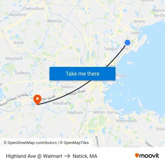 Highland Ave @ Walmart to Natick, MA map