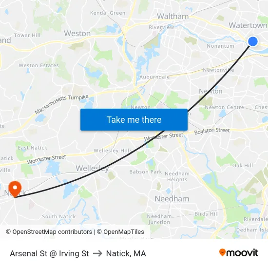 Arsenal St @ Irving St to Natick, MA map