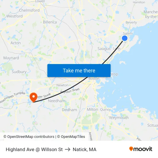 Highland Ave @ Willson St to Natick, MA map
