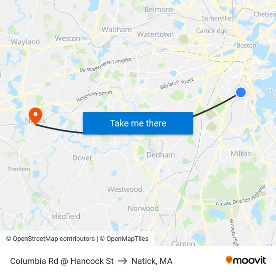 Columbia Rd @ Hancock St to Natick, MA map
