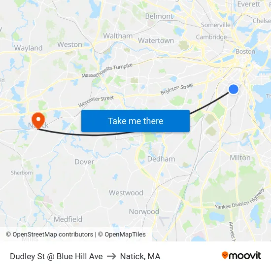 Dudley St @ Blue Hill Ave to Natick, MA map