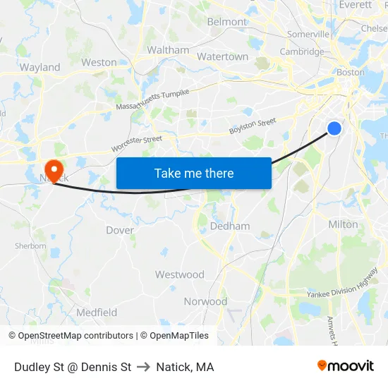 Dudley St @ Dennis St to Natick, MA map