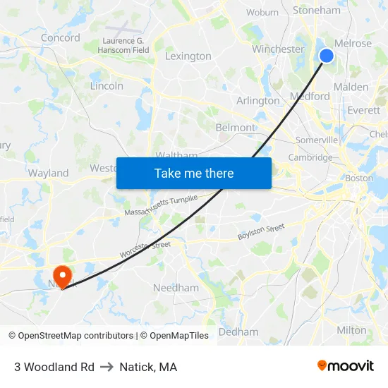 3 Woodland Rd to Natick, MA map