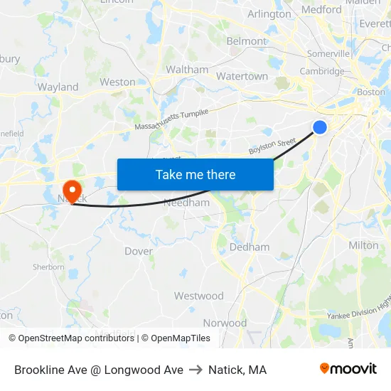 Brookline Ave @ Longwood Ave to Natick, MA map