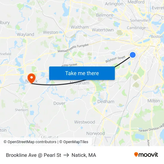Brookline Ave @ Pearl St to Natick, MA map