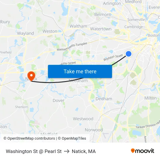 Washington St @ Pearl St to Natick, MA map
