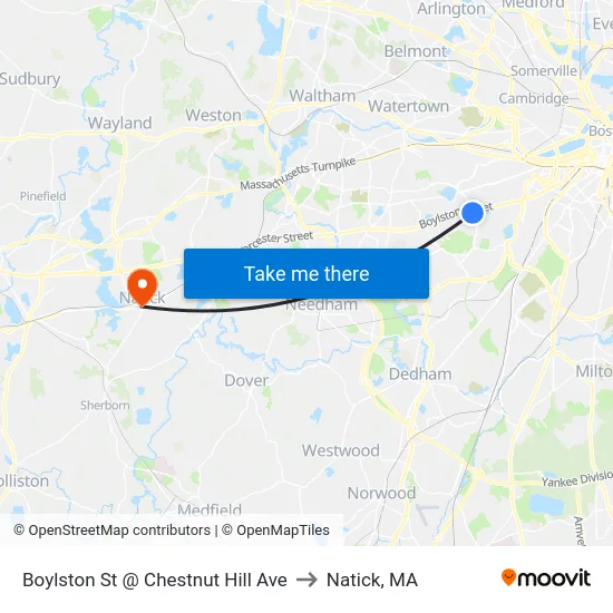Boylston St @ Chestnut Hill Ave to Natick, MA map