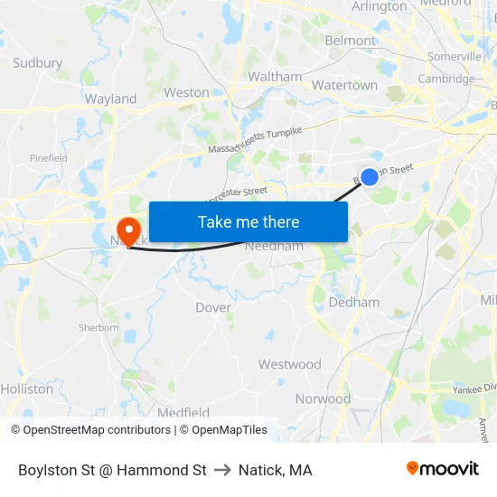 Boylston St @ Hammond St to Natick, MA map