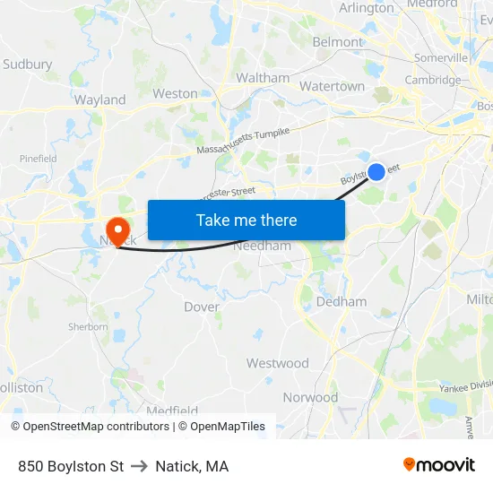 850 Boylston St to Natick, MA map