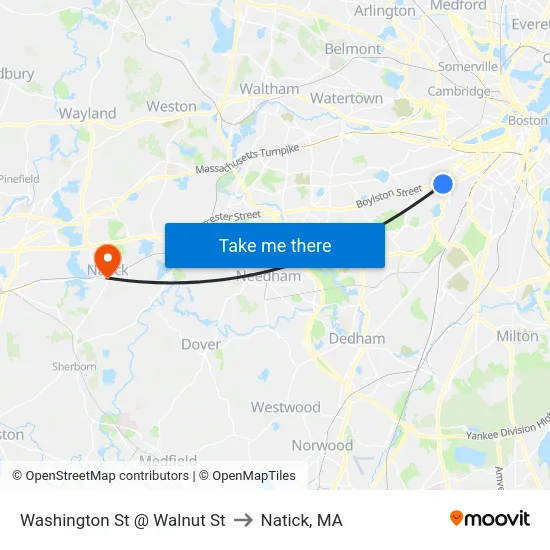 Washington St @ Walnut St to Natick, MA map