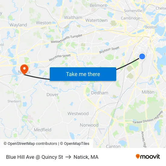 Blue Hill Ave @ Quincy St to Natick, MA map