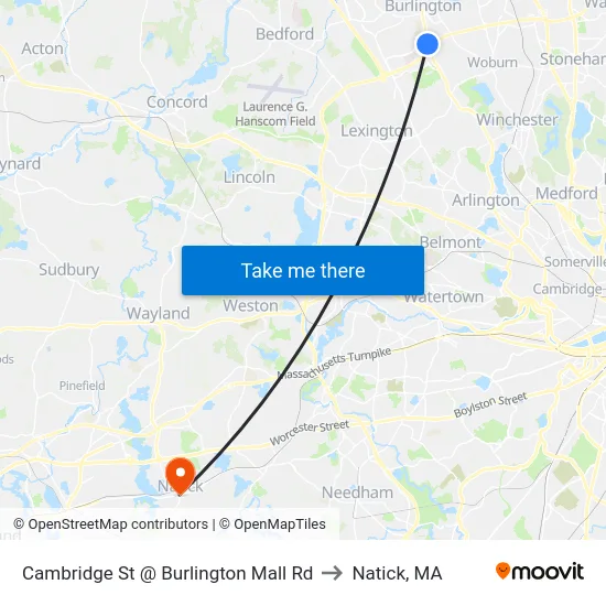 Cambridge St @ Burlington Mall Rd to Natick, MA map