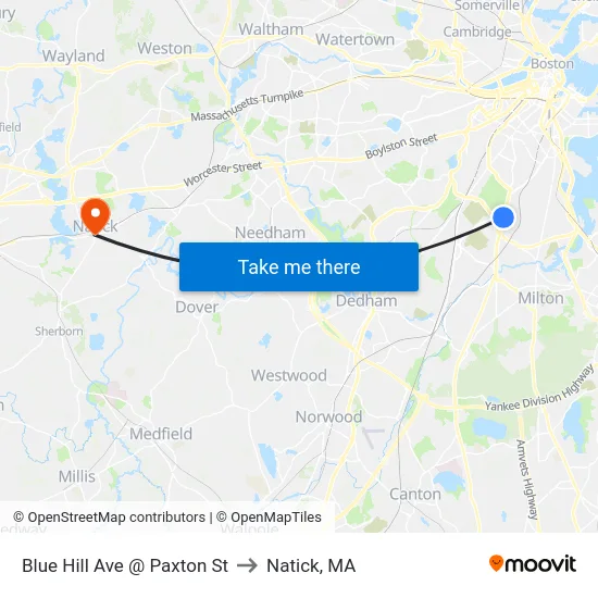 Blue Hill Ave @ Paxton St to Natick, MA map