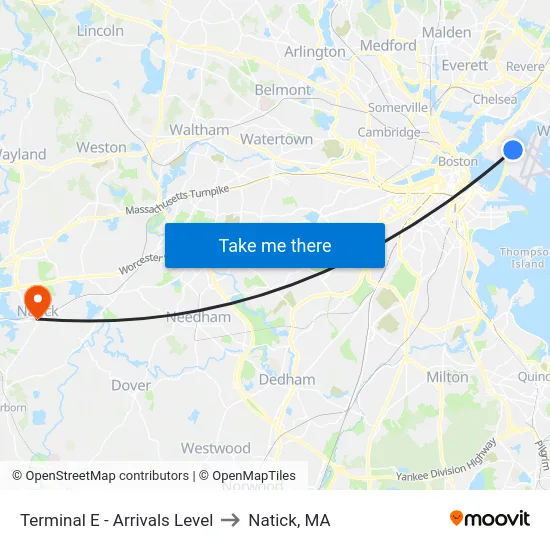 Terminal E - Arrivals Level to Natick, MA map