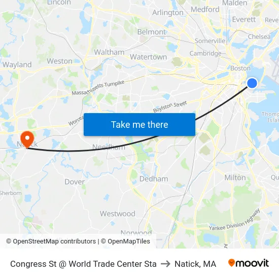 Congress St @ World Trade Center Sta to Natick, MA map
