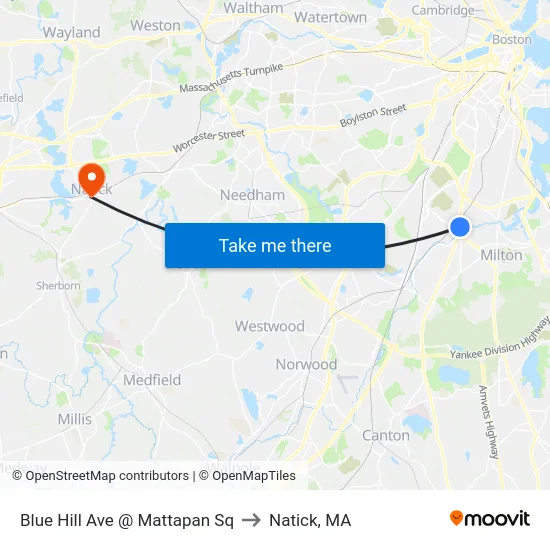 Blue Hill Ave @ Mattapan Sq to Natick, MA map