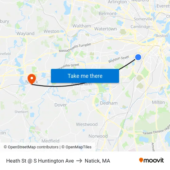 Heath St @ S Huntington Ave to Natick, MA map