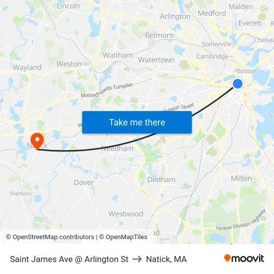 Saint James Ave @ Arlington St to Natick, MA map