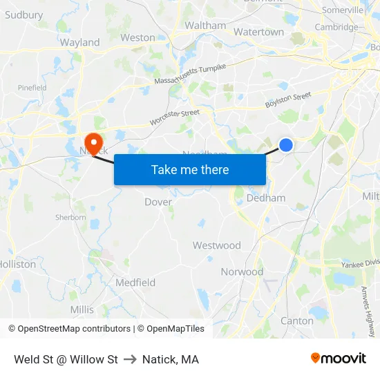 Weld St @ Willow St to Natick, MA map
