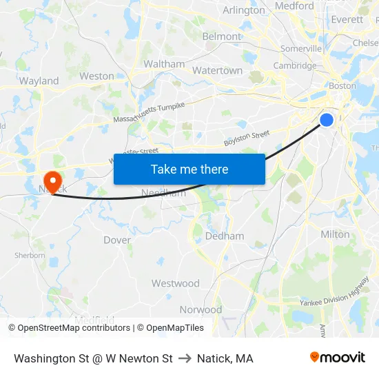 Washington St @ W Newton St to Natick, MA map