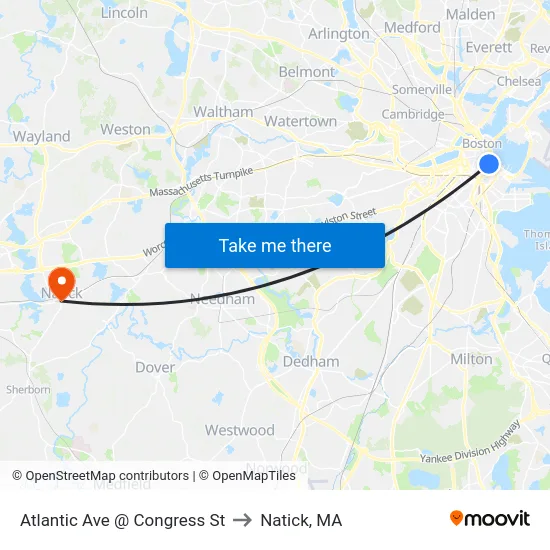Atlantic Ave @ Congress St to Natick, MA map