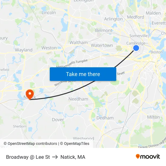 Broadway @ Lee St to Natick, MA map